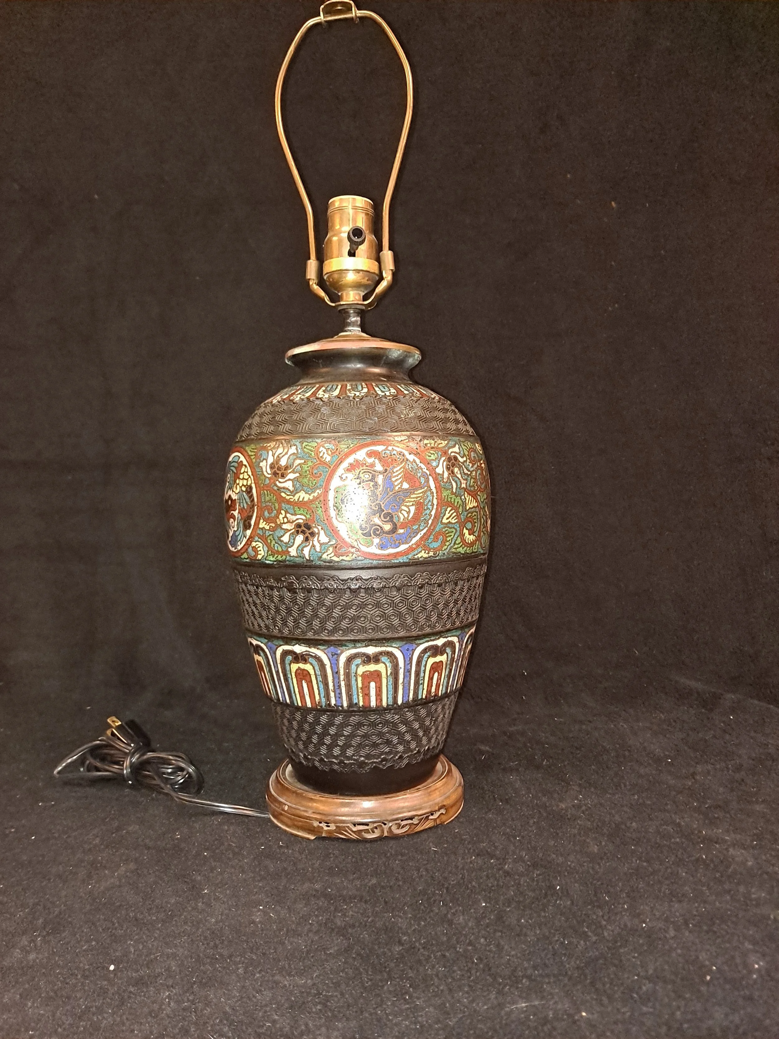 Antique Bronze Champleve enameled table lamp with Dragon and